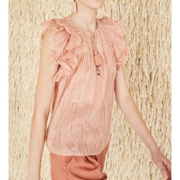 Ulla Johnson Blush Pink Metallic Stripe Ruffle Sleeve Tie Neck Cora Top Blouse - Picture 1 of 14